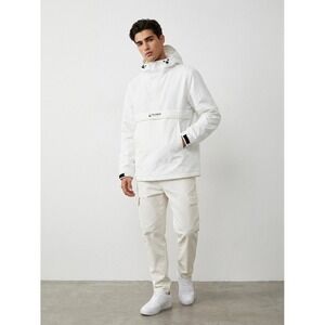 Pull&Bear Mens White Anorak Hooded Jacket Quarter Zip Windbreaker Large